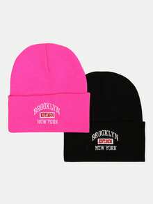 2pcs Unisex Letter Embroidered Brimless Beanie Hats, Streetwear Style