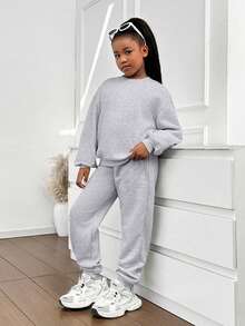 Ropa para adolescentes y mujeres jóvenes: Sudadera de cuello redondo gris combinada con pantalón de chándal gris - Gris - Ver 1