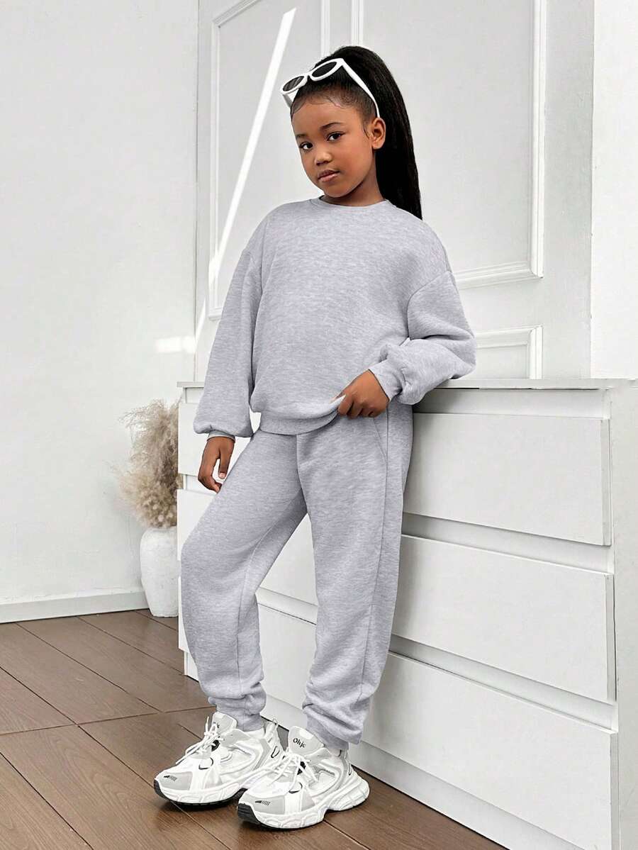 Ropa para adolescentes y mujeres jóvenes: Sudadera de cuello redondo gris combinada con pantalón de chándal gris - Gris - Ver 1