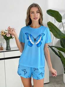蓝色卡通蝴蝶印花女士短袖短裤睡衣套装 - 藍色 - 查看 3