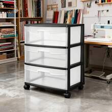 Wide 3 Drawer Cart, Clear Plastic Storage Drawers, Wheels Included, Black - Black - View 2