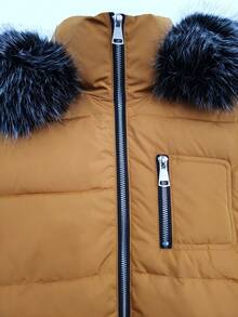 女士冬季仿毛皮拼接夹克，带拉链连帽毛领外套，时尚绗缝外套 - 橘色 - 查看 10