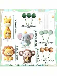 19 Pcs Animal Cake Decorations Lion Elephant Giraffe Monkey Green Gold Foam Balls Suitable For Wild Animal Theme Birthday Cake Decorations Jungle Animal Cake Decorations Christening Cake Decorations(Please Use A Tray And White Tubing; The Ball Surface Should Not Come Into Direct Contact With The Cake.)