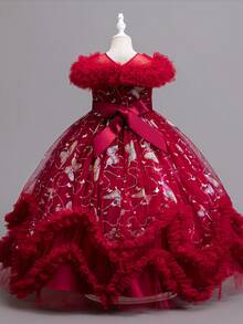 闪光薄纱荷叶边化装舞会礼服,年轻女孩优雅正式舞会礼服,公主裙适合各种场合 - 紅色 - 查看 4
