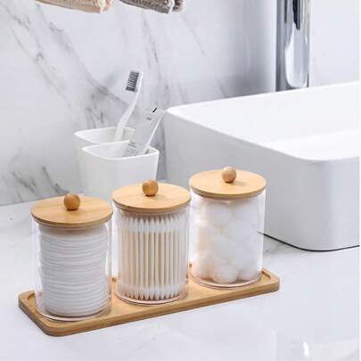 Bộ 3 hộp đựng tăm bông acrylic kèm nắp tre - Hộp đựng tăm bông và bông tẩy trang bằng nhựa trong suốt, độc lập, kèm khay tre hình chữ nhật tặng kèm.
