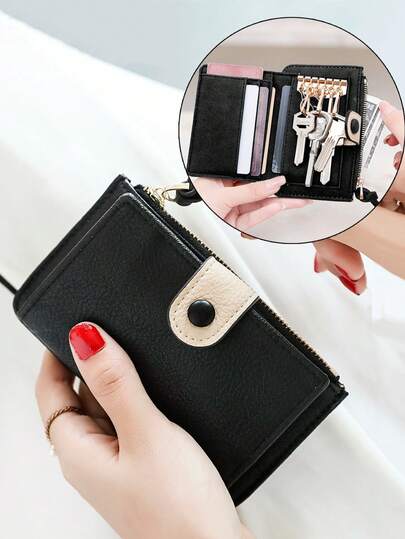 MIYIN Porte-clés de mode aux couleurs contrastées pour femmes, porte-clés s'adaptant à la plupart des clés, porte-monnaie biface multifonctionnel avec fermoir, léger et portable avec fentes pour cartes et poche zippée, simple et compact pour un usage domestique