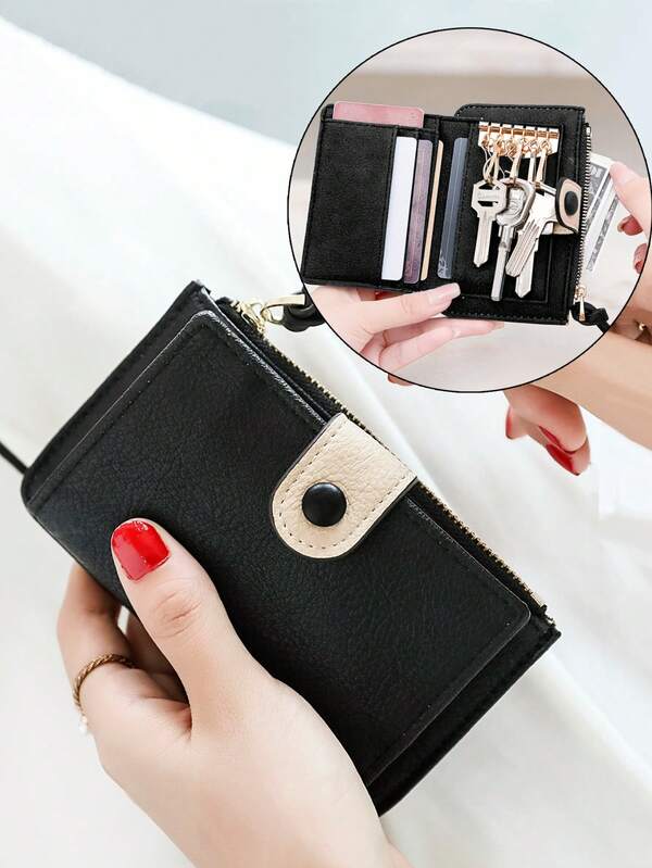 MIYIN Fashionable Contrasting Colors Keycase For Women, Keycase -Fits Most Keys, Multifunctional Bifold Hasp Coin Purse For Daily,Lightweight Portable Key Storage Bag With Card Slots & Zipper Pocket, Simple And Compact For Home Use