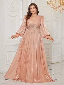 UNITHORSE Đầm dạ hội dài tay cổ chữ V, thắt eo, hở lưng, thêu họa tiết dành cho nữ cỡ lớn, thích hợp cho đám cưới, mùa xuân. - Rượu sâm banh - Xem 2