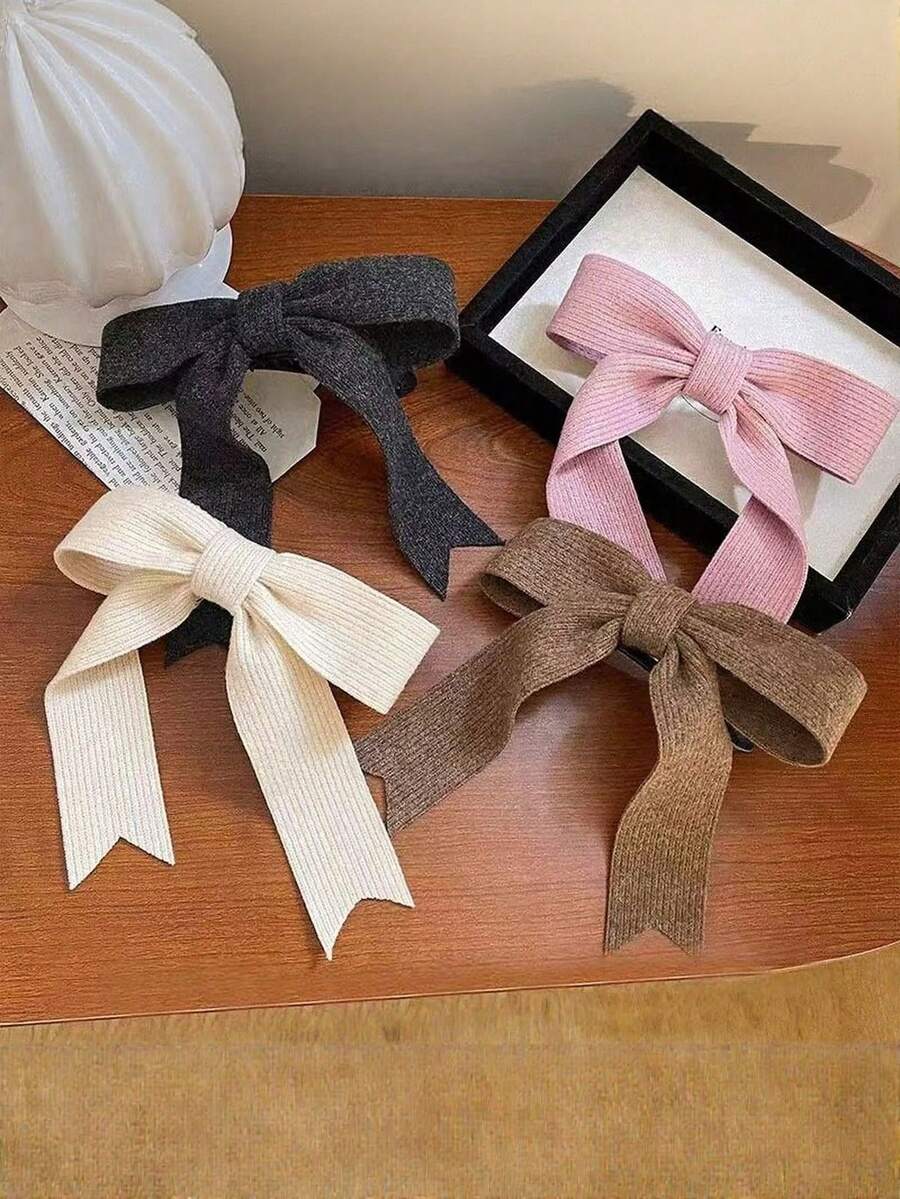 4/3pcs Girls Knitted Striped Bow Hairpins, Black Beige Brown, Versatile, Suitable For Daily Use, Clothing Accessories Claw Clip Hairpins, School Supplies - Multicolor - View 1