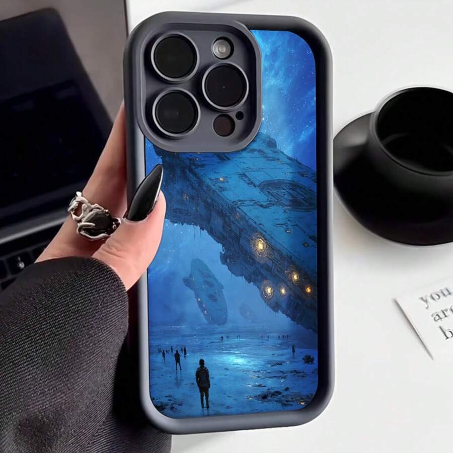 Cubierta de telefono con borde negro para iPhone 14 Pro Max con diseño de nave espacial flotante en cielo azul y figura solitaria en paisaje futurista ideal para amantes de la ciencia ficción y viajes espaciales - Blanco - Ver 1