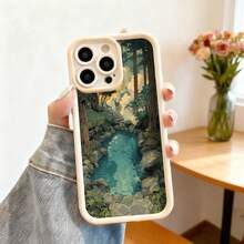 Cubierta de telefono con borde negro diseño bosque con arroyo y ciervo para iPhone 14 Pro Max protector de pantalla resistente al impacto estilo natural ideal para uso diario y viajes - Café integral - Ver 4