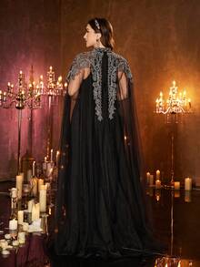 UNITHORSE Plus 女士立领超长袖针织拼接网纱奢华贴花装饰长款晚礼服，正式厚重晚礼服，适合颁奖典礼、晚宴和其他正式场合，情人节 - 黑色 - 查看 3