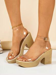 透明露趾可调节踝带高跟凉鞋，适合海滩和日常休闲穿着，春夏款 - 金色 - 查看 2