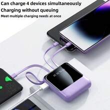 10000mAh Mini Cute Pocket Size 5W Slow Charging Portable Power Bank, Small Size Large Capacity High Appearance, Built-In 4-In1- Detachable Cables, High-Speed Rechargeable Battery, USB-C & Micro Input - 白色 - 查看 4