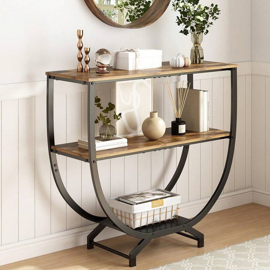 Mesa de Consola con Estantes de Almacenamiento de 3 Niveles, Mesa de Pasillo para Sala, Recibidor Entrada Casa, Soporte de TV, Barra de Café Recibidor de Entrada, Marrón - Marrón - Ver 1