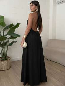 Women's Long Duna Dress Elegant Summer High Neck Tank Top Bare Back Bow - 黑色 - 查看 7