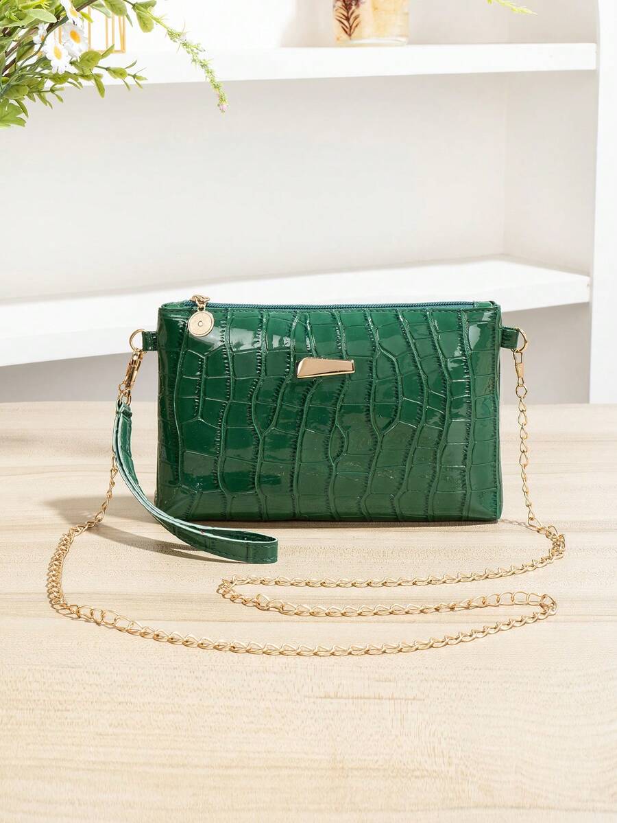 Sac pochette minimaliste en PU avec motif peau de crocodile vert foncé, avec bandoulière en métal. Convient comme porte-monnaie pour femmes et filles, idéal pour le dîner, les fêtes, les courses, les déplacements, les voyages et autres occasions