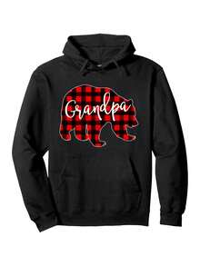 Sudadera con capucha navideña a juego de oso y búfalo de cuadros rojos - Negra con letras cursivas blancas de abuelo, sudadera pesada de 250g, adecuada para atuendos festivos, ropa casual y fotos familiares - Negro - Ver 6