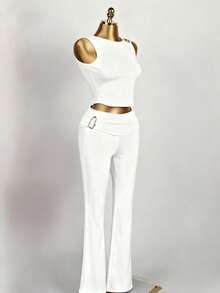 FQLWL 女士夏季街头风两件套，露肩背心和褶皱长裤套装 白色 - 白色 - 查看 5