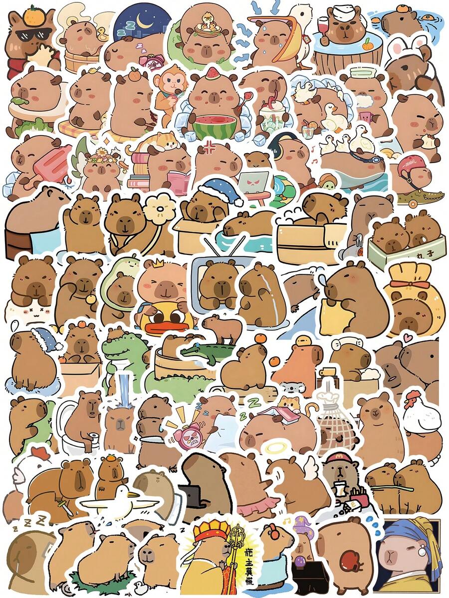 60 Pcs Capybara Stickers, Kawaii Animal Sticker Set With Hot Spring & Art Parody Designs, Cute Critter Decals For Journal & Tech Accessories, Scrapbook Stickers - Mocha Brown - View 1