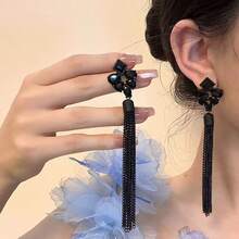 1 Pair Geometric  Tassel Earrings - Women's Niche Fashion Minimalist Dangles, Luxury High-End Elegant Accessory For Dating & Brunch - 黑色 - 查看 7