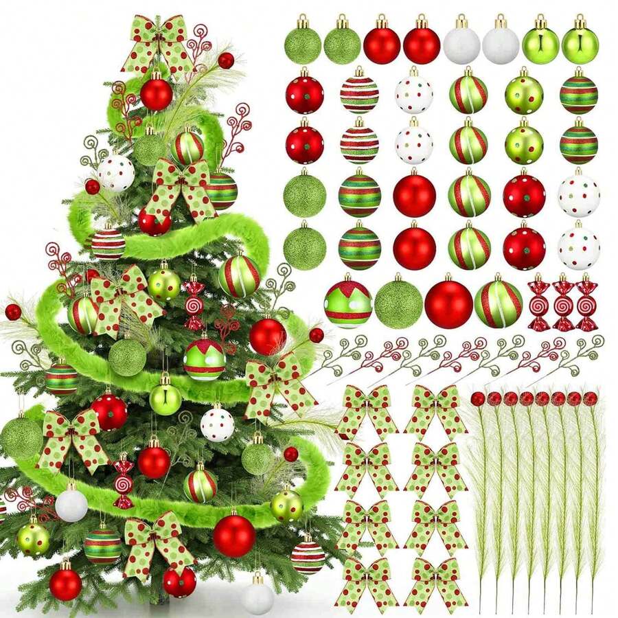 09 Pcs Christmas Tree Decorations Lime Green Red Peppermint Candy Ball Ornaments Christmas Tree Picks Swirl Glitter Xmas Stems Polka Dots Bow Home Faux Fur Ribbon For Holiday Party Decor - 紅色 - 查看 1