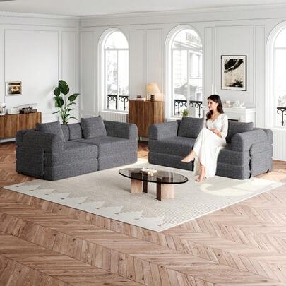 Chenille 2-In-1 Sofa Bed With Armrest Storage Pocket, Three Metal Frames And Multiple Configuration Options