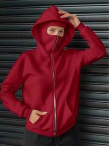 女士宽松拉链口袋卫衣，带口罩，适合秋冬季、万圣节、圣诞节等场合，时尚百搭，女士连帽卫衣 - 紅色 - 查看 3