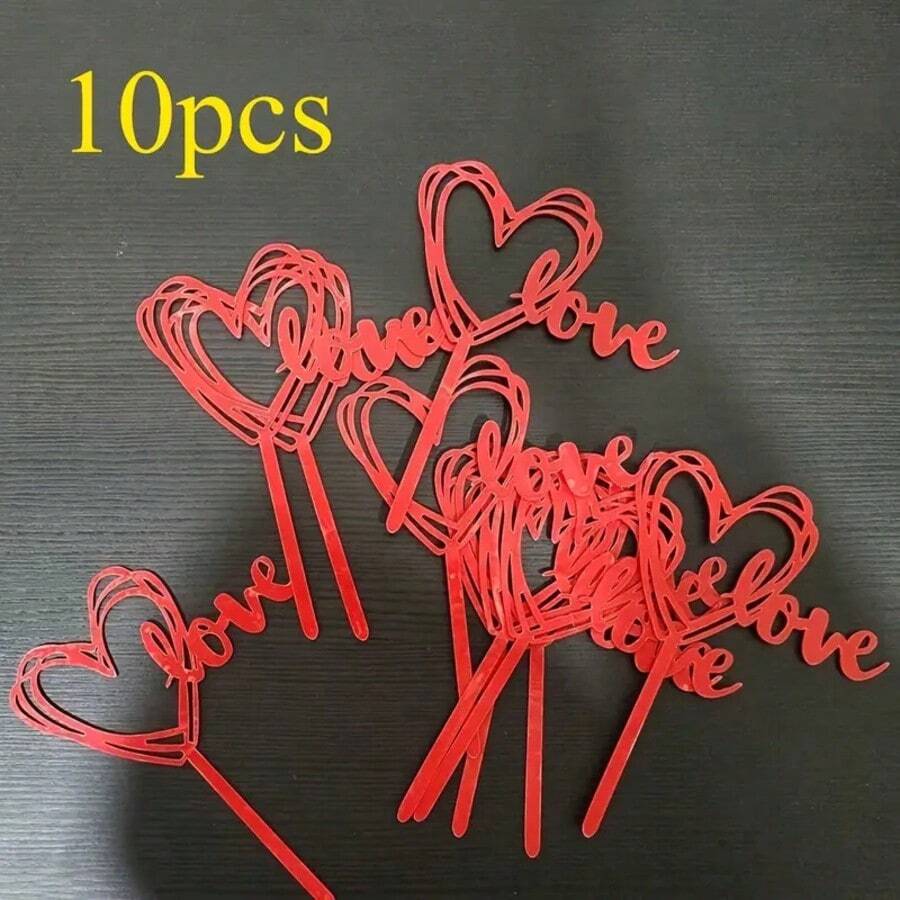 10pcs/Pack Heart Shaped "Love" Cake Toppers For Valentine's Day, Birthday Party, Wedding Celebration - Red - View 1