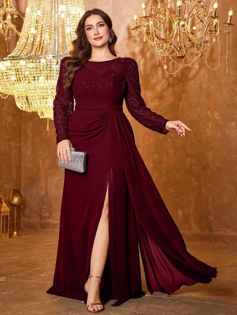 圆领露背亮片拼接连衣裙，公主长袖，腰部收褶，高开衩雪纺裙摆，伴娘晚礼服，春季婚礼派对礼服 - 酒紅色 - 查看 1