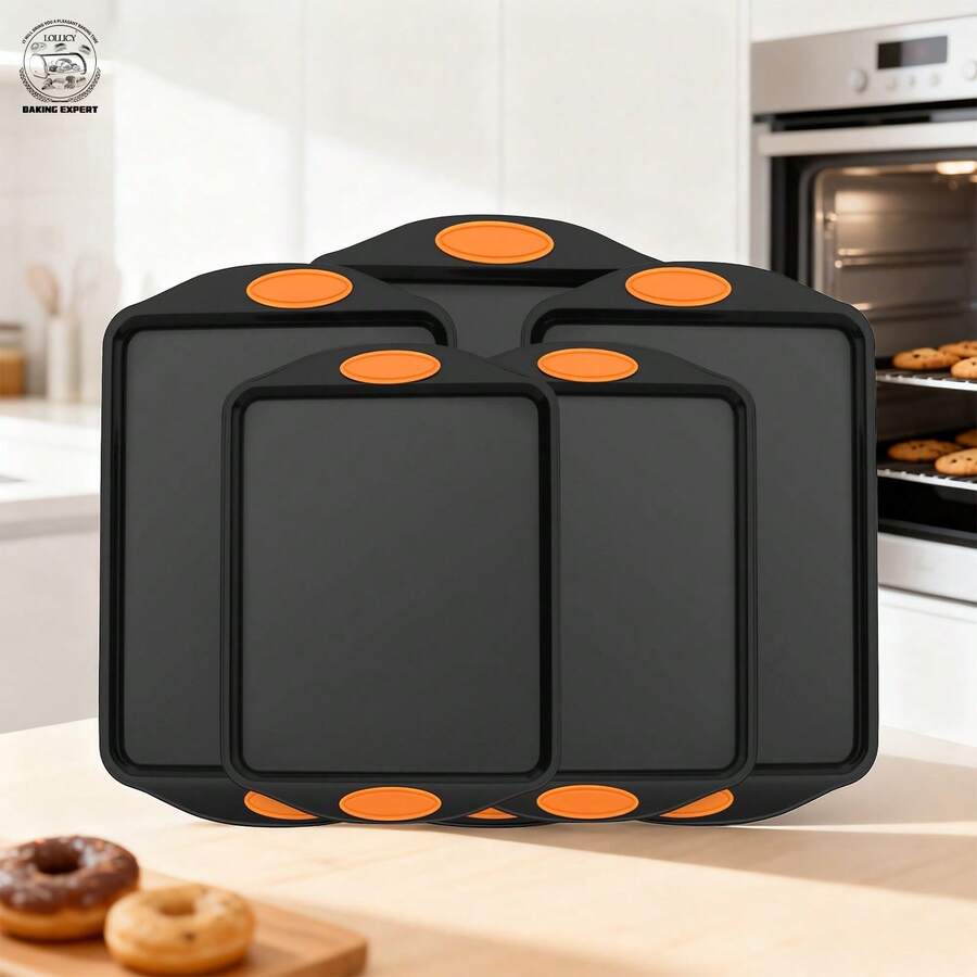 LOLLICY 5-Piece Kitchen Baking Set - Orange Silicone Non-Slip Handles, Including Non-Stick Baking Sheet, Heavy-Duty Carbon Steel Baking Tools, Optional Cake Pan, Baking Supplies Shipped From Local Warehouse, Suitable For Daily Home Cooking, Indoor Parties, And A Thoughtful Gift For Women. - Black - View 1