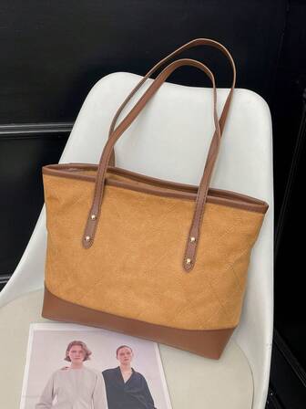 2025新款休闲大容量菱形格子纯色蝴蝶结手提包，简约时尚托特包