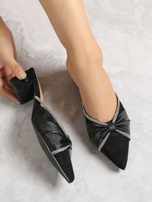Zapatos de tacón grueso con punta puntiaguda, decorados con rhinestones, de uso versátil y cómodo, para mujer, para primavera/otoño - Negro - Ver 8
