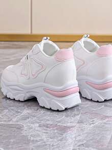 女士春秋新款厚底运动鞋，皮革鞋面拼接透气厚底休闲鞋，轻便系带时尚黑/白/粉色运动休闲运动鞋 - 粉色 - 查看 5