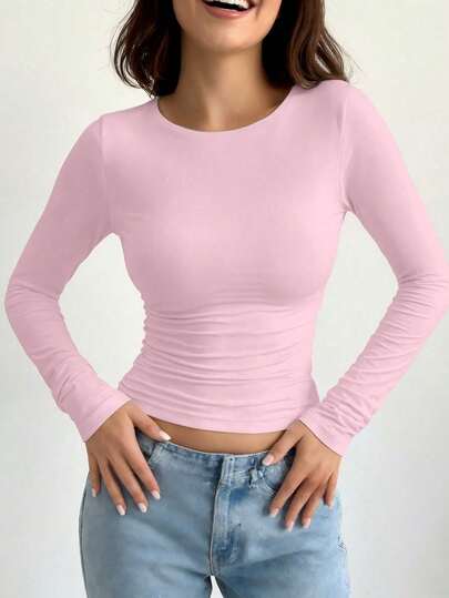 Women's Simple Long Sleeve Casual Slim Fit Round Neck T-Shirt