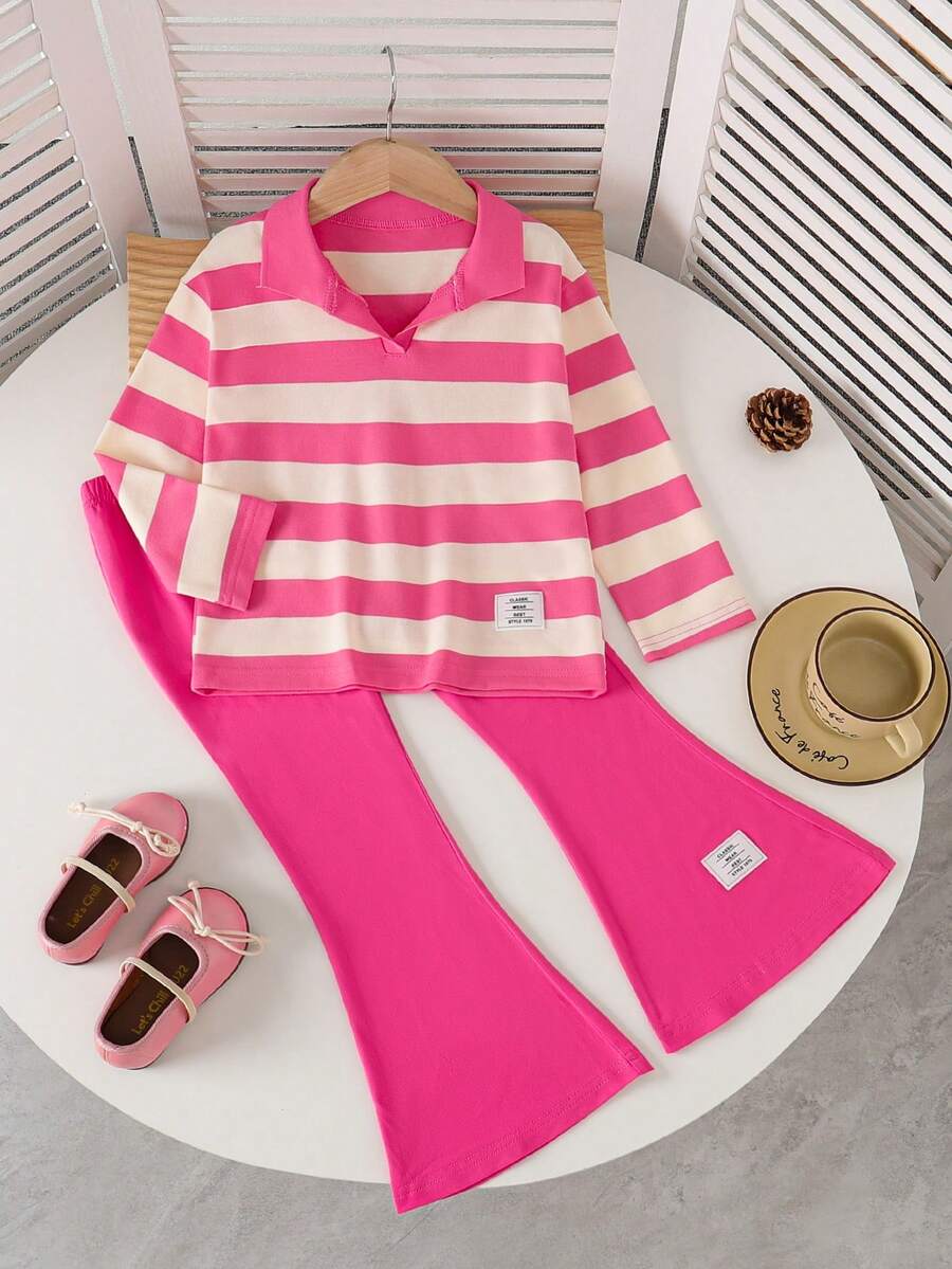 Young Girls Striped Polo Collar Long Sleeve Top + Casual Flare Pants Set - Hot Pink - View 1