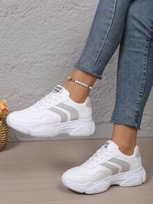 New Round Toe Lace-Up Color Block Multi-Functional Fashion Versatile City Outdoor Casual Sports Sneakers For Women, Suitable For All Seasons