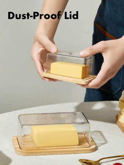 1pc Bamboo Butter Box With Lid, Butter And Cheese Container For Kitchen Countertop, Clear Butter Tray With Lid, Refrigerator Organizer, Desserts, Cakes, Cheese And Butter Storage Container That Can Be Easily Placed In The Refrigerator, Kitchen Counter Or Dining Table | Ideal For Birthday Parties & Afternoon Tea
