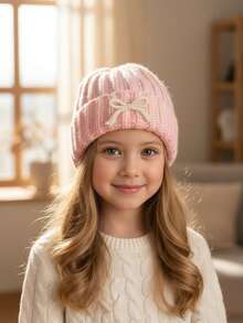1顶女童刺绣蝴蝶结针织帽，时尚幼儿女童秋冬季针织帽，保暖儿童针织帽，白色儿童冬帽 - 1PC - 查看 5