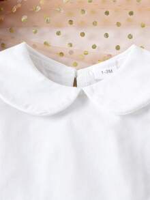 2 piezas Conjunto de niña bebé con blusa de manga larga con cuello Peter Pan blanco + pantalones cortos a cuadros, otoño/invierno