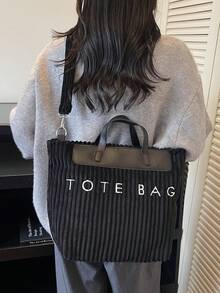 Bolso de mano de mujer de pana de unicolor con gran capacidad y parches - Negro - Ver 7