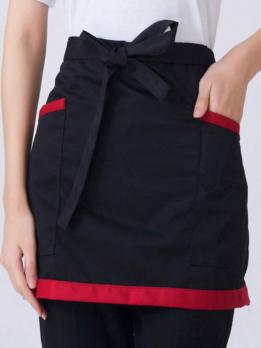 Black & Red Striped Waist Apron With Pockets - Fashionable Home Apron, Suitable For Waiters In Western Restaurants, Kitchen And Dining Use | Stylish Waist Apron | Adjustable