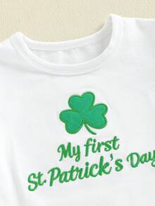 Infant Baby Irish Clothing Sets Fashionable Long Sleeve Shamrock Embroidery Romper With Striped Pants 2Pcs Outfits - White - View 3