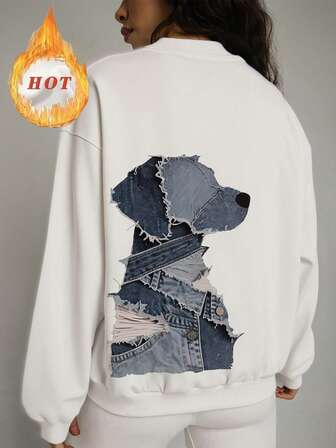 女士秋冬日常必备单品，休闲街头风，白色，弹力，舒适，保暖内衬，V领长袖卫衣，保暖内衬，可爱上衣，女士长袖卫衣