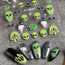 1pc 5D UFO, Alien, And Astronaut Space-Themed Nail Stickers - Self-Adhesive Green And Black Design, Perfect For Halloween Party Nail Decorations, Including Planets, Stars, And Cartoon Elements, Space Party Decorations. - JI-5D62 - Xem 3