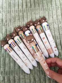 Cute Bear Ten-In-One Multi-Color Ballpoint Pen Set, Press-Type Retractable Pens, Plastic Material, No Batteries Required, With Assorted Colors For Ages 14+, Daily Planner Writing Instrument