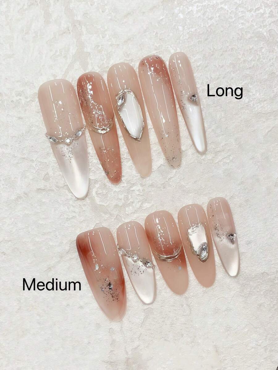 10pcs Luxury Amber Gradient Cat Eye Nail Tips, Oval Shaped, Suitable For Daily Wear, Dates, Brightening, Reusable Handmade Nail Covers With Jelly Gel, Mini Nail File Nails - Brown - View 1