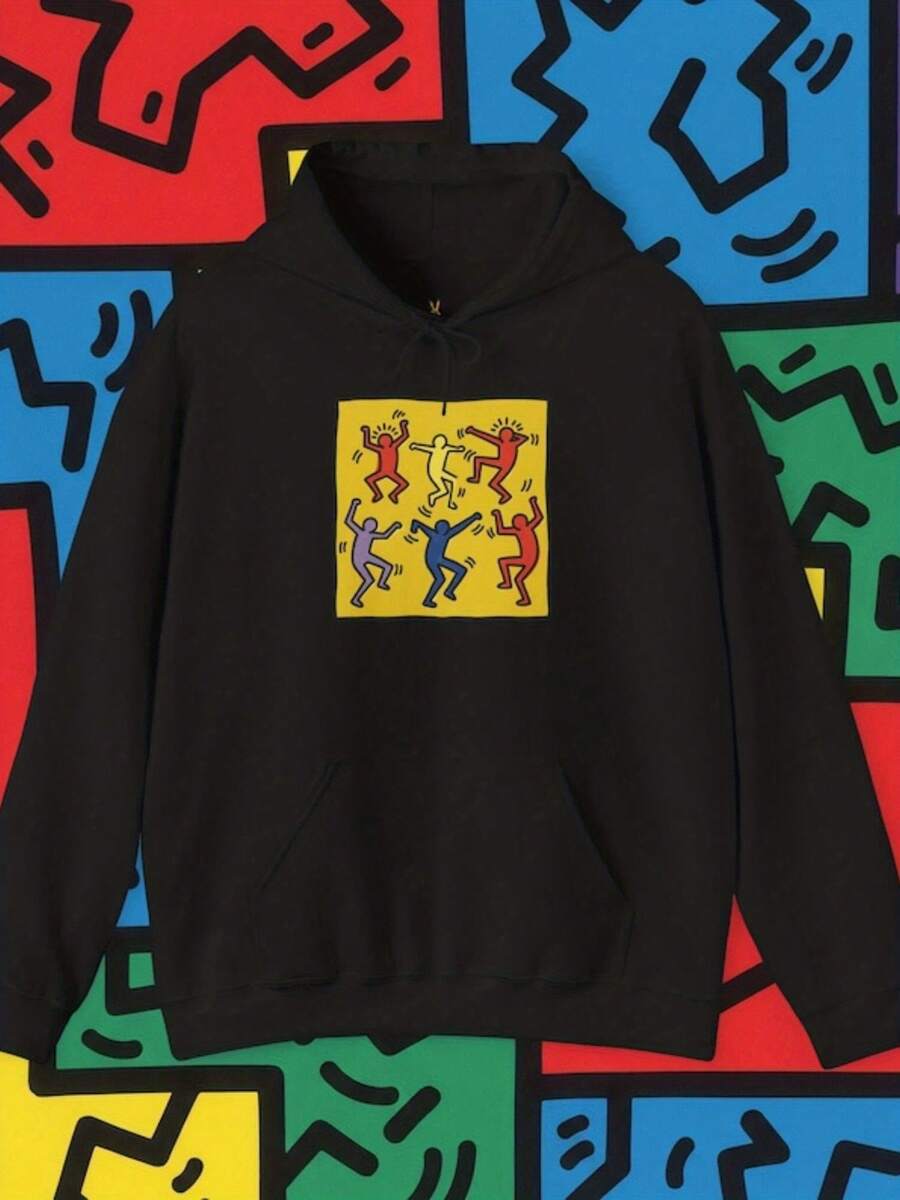 Dance Art Hoodie, Keith Haring Inspired Sweatshirt, Uni Dance Hoodie, Street Art Pullover, Graffiti Print Jumper - Style 25 - View 1