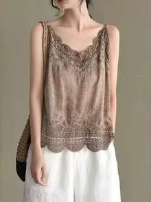 Áo hai dây nữ thời trang cổ điển, dáng rộng, màu trơn, thêu ren rỗng, phối ren, thích hợp cho mùa hè. - Cà phê nâu - Xem 5