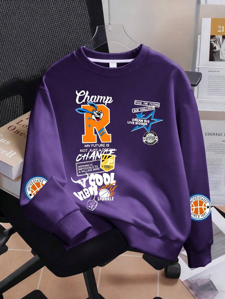 青少年男孩休闲简约酷炫卡通设计运动风格套头衫圆领长袖毛衣秋冬新款男童衣服儿童 - 紫色 - 查看 1